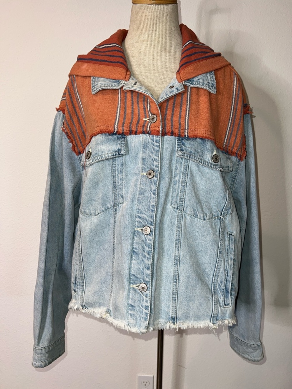 Free People Baja Hooded Light Wash Denim Jacket with Rust Orange Striped Hood